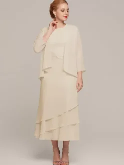Robe de soirée pour mère de la mariée col bijou sans manches deux pièces à volants robes d'invitées de mariage