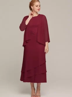 Robe de soirée pour mère de la mariée col bijou sans manches deux pièces à volants robes d'invitées de mariage