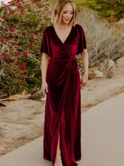Robe de soirée pour mère de la mariée col en v manches courtes ligne a fendue sur le devant longueur au sol robes d'invitées pour mariage