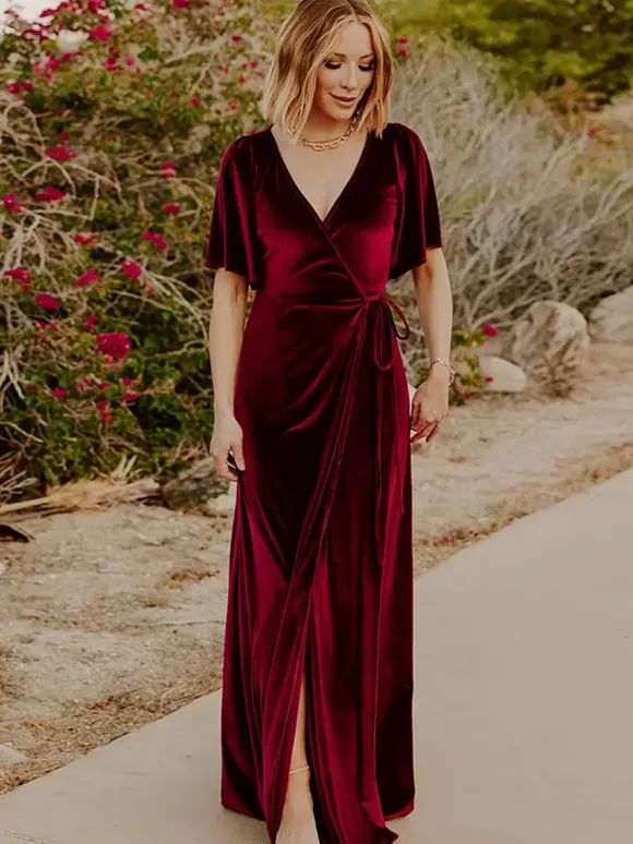 Robe de soirée pour mère de la mariée col en v manches courtes ligne a fendue sur le devant longueur au sol robes d'invitées pour mariage