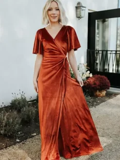 Robe de soirée pour mère de la mariée col en v manches courtes ligne a fendue sur le devant longueur au sol robes d'invitées pour mariage