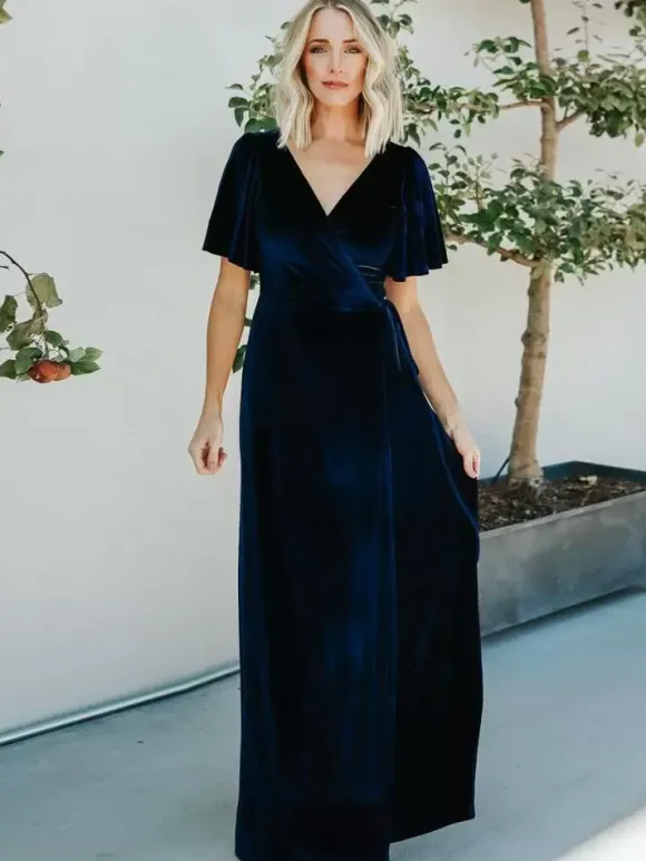 Robe de soirée pour mère de la mariée col en v manches courtes ligne a fendue sur le devant longueur au sol robes d'invitées pour mariage