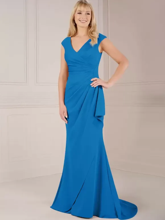 Robe de soirée pour mère de la mariée col en V sans manches robe de bal plissée avec traîne robes d'invitées de mariage