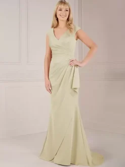 Robe de soirée pour mère de la mariée col en V sans manches robe de bal plissée avec traîne robes d'invitées de mariage