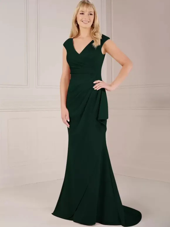 Robe de soirée pour mère de la mariée col en V sans manches robe de bal plissée avec traîne robes d'invitées de mariage