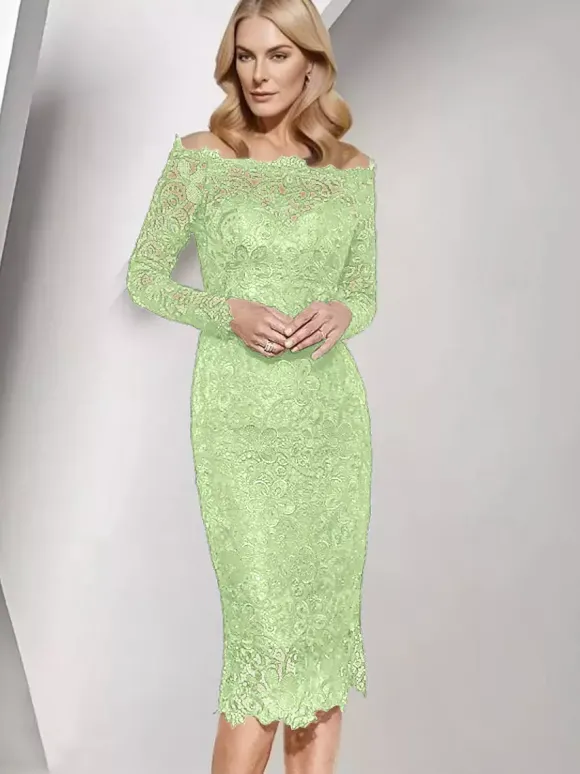 Robe de soirée pour mère de la mariée col bateau manches longues robes d'invitées de mariage courtes en dentelle