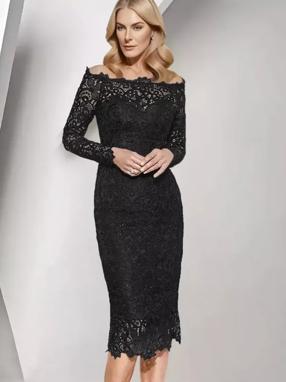 Robe de soirée pour mère de la mariée col bateau manches longues robes d'invitées de mariage courtes en dentelle