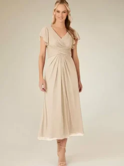 Robe de soirée pour mère de la mariée col en v manches courtes ligne a plissée longueur thé robes d'invitées de mariage