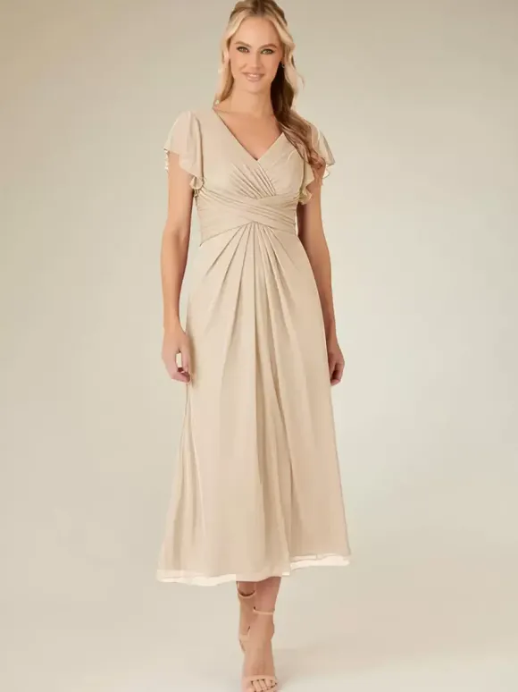 Robe de soirée pour mère de la mariée col en v manches courtes ligne a plissée longueur thé robes d'invitées de mariage