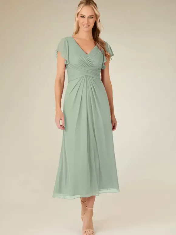 Robe de soirée pour mère de la mariée col en v manches courtes ligne a plissée longueur thé robes d'invitées de mariage