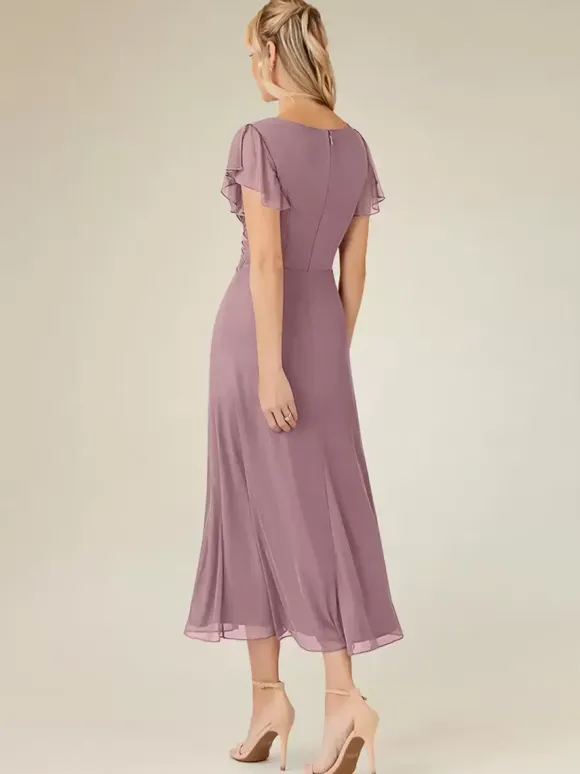 Robe de soirée pour mère de la mariée col en v manches courtes ligne a plissée longueur thé robes d'invitées de mariage