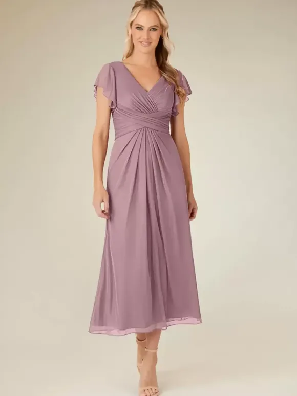 Robe de soirée pour mère de la mariée col en v manches courtes ligne a plissée longueur thé robes d'invitées de mariage