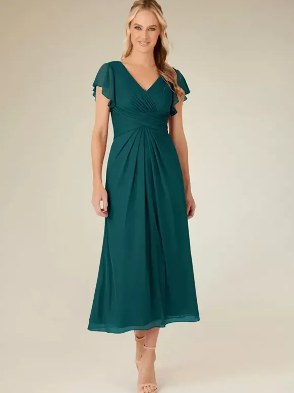 Robe de soirée pour mère de la mariée col en v manches courtes ligne a plissée longueur thé robes d'invitées de mariage