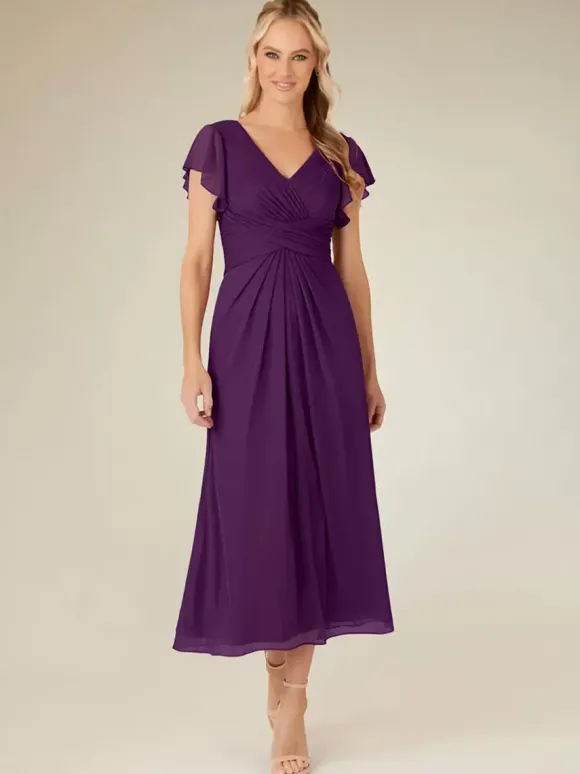 Robe de soirée pour mère de la mariée col en v manches courtes ligne a plissée longueur thé robes d'invitées de mariage