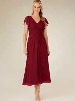 Robe de soirée pour mère de la mariée col en v manches courtes ligne a plissée longueur thé robes d'invitées de mariage