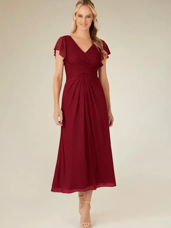 Robe de soirée pour mère de la mariée col en v manches courtes ligne a plissée longueur thé robes d'invitées de mariage