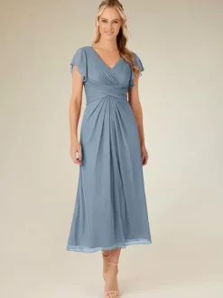 Robe de soirée pour mère de la mariée col en v manches courtes ligne a plissée longueur thé robes d'invitées de mariage