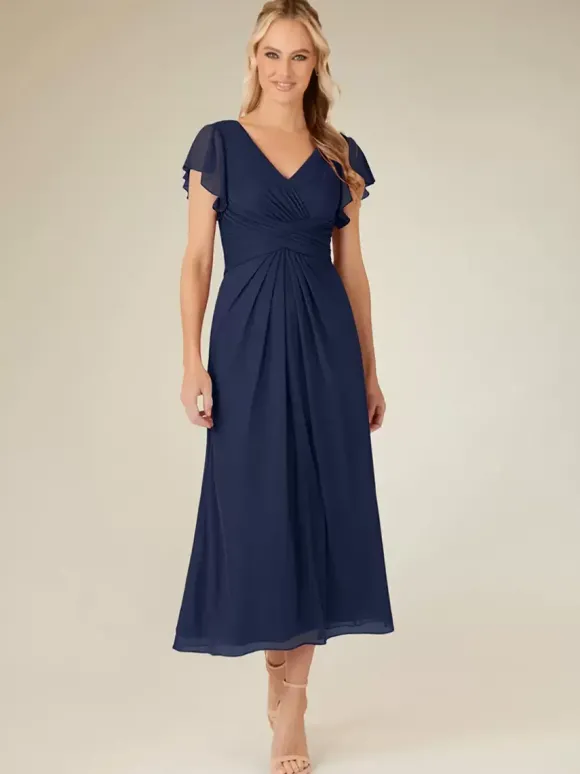 Robe de soirée pour mère de la mariée col en v manches courtes ligne a plissée longueur thé robes d'invitées de mariage