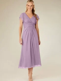 Robe de soirée pour mère de la mariée col en v manches courtes ligne a plissée longueur thé robes d'invitées de mariage