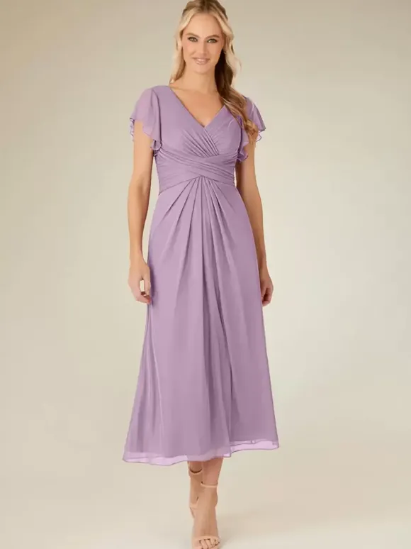 Robe de soirée pour mère de la mariée col en v manches courtes ligne a plissée longueur thé robes d'invitées de mariage