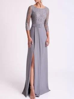 Robe de soirée pour mère de la mariée col bijou manches 3/4 ceinture sirène robes d'invitées pour mariage