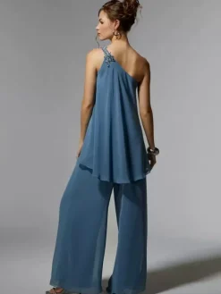 Robe de soirée pour mère de la mariée asymétrique épaule dénudée sans manches deux pièces robes d'invitées appliquées pour mariage