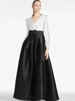 Robe de soirée pour mère de la mariée col en v manches longues ligne a ceinture robes d'invitées pour mariage