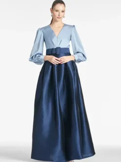 Robe de soirée pour mère de la mariée col en v manches longues ligne a ceinture robes d'invitées pour mariage