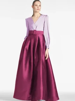 Robe de soirée pour mère de la mariée col en v manches longues ligne a ceinture robes d'invitées pour mariage