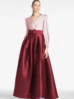 Robe de soirée pour mère de la mariée col en v manches longues ligne a ceinture robes d'invitées pour mariage