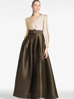 Robe de soirée pour mère de la mariée col en v manches longues ligne a ceinture robes d'invitées pour mariage