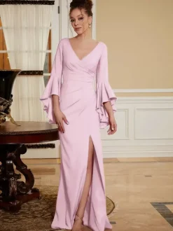 Robe de soirée pour mère de la mariée col en v manches cloche fendue sur le devant longueur au sol robes d'invitées de mariage trapèze