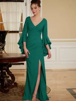 Robe de soirée pour mère de la mariée col en v manches cloche fendue sur le devant longueur au sol robes d'invitées de mariage trapèze