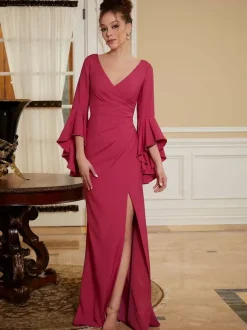 Robe de soirée pour mère de la mariée col en v manches cloche fendue sur le devant longueur au sol robes d'invitées de mariage trapèze