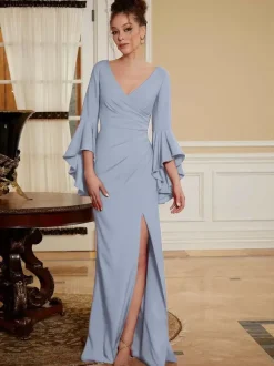 Robe de soirée pour mère de la mariée col en v manches cloche fendue sur le devant longueur au sol robes d'invitées de mariage trapèze