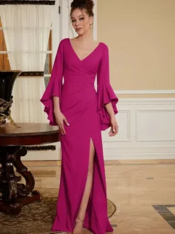 Robe de soirée pour mère de la mariée col en v manches cloche fendue sur le devant longueur au sol robes d'invitées de mariage trapèze