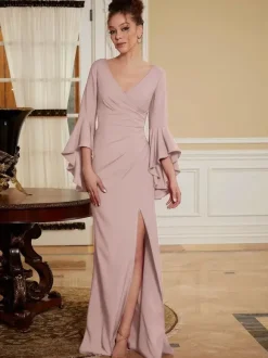 Robe de soirée pour mère de la mariée col en v manches cloche fendue sur le devant longueur au sol robes d'invitées de mariage trapèze