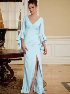 Robe de soirée pour mère de la mariée col en v manches cloche fendue sur le devant longueur au sol robes d'invitées de mariage trapèze