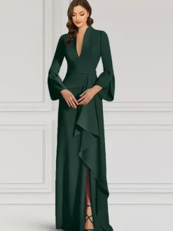 Robe de soirée pour mère de la mariée col en v manches longues sirène volants longueur au sol robes d'invitées pour mariage