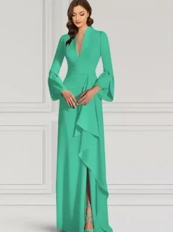 Robe de soirée pour mère de la mariée col en v manches longues sirène volants longueur au sol robes d'invitées pour mariage
