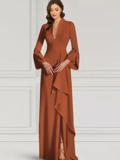 Robe de soirée pour mère de la mariée col en v manches longues sirène volants longueur au sol robes d'invitées pour mariage