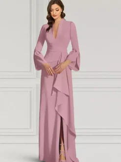 Robe de soirée pour mère de la mariée col en v manches longues sirène volants longueur au sol robes d'invitées pour mariage