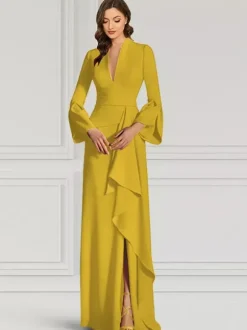 Robe de soirée pour mère de la mariée col en v manches longues sirène volants longueur au sol robes d'invitées pour mariage