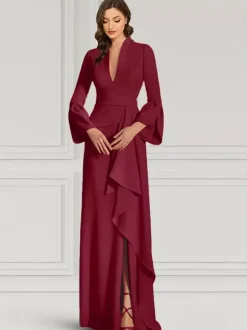 Robe de soirée pour mère de la mariée col en v manches longues sirène volants longueur au sol robes d'invitées pour mariage