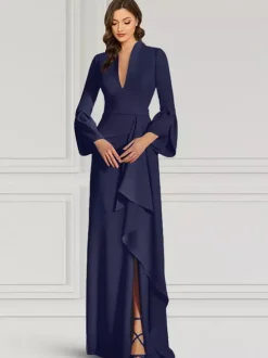 Robe de soirée pour mère de la mariée col en v manches longues sirène volants longueur au sol robes d'invitées pour mariage