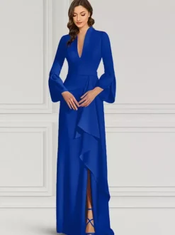 Robe de soirée pour mère de la mariée col en v manches longues sirène volants longueur au sol robes d'invitées pour mariage
