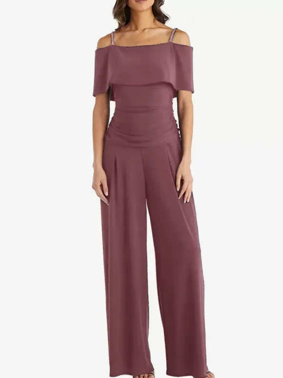 Robe de soirée pour mère de la mariée épaules dénudées combinaison sans manches robes d'invitées plissées pour mariage