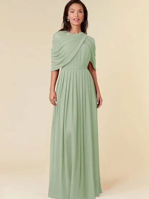 Robe de soirée pour mère de la mariée col bijou sans manches ligne a perles longueur au sol robes d'invitées de mariage