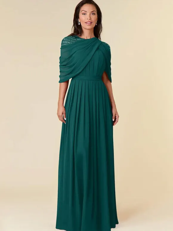 Robe de soirée pour mère de la mariée col bijou sans manches ligne a perles longueur au sol robes d'invitées de mariage