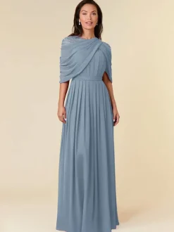 Robe de soirée pour mère de la mariée col bijou sans manches ligne a perles longueur au sol robes d'invitées de mariage
